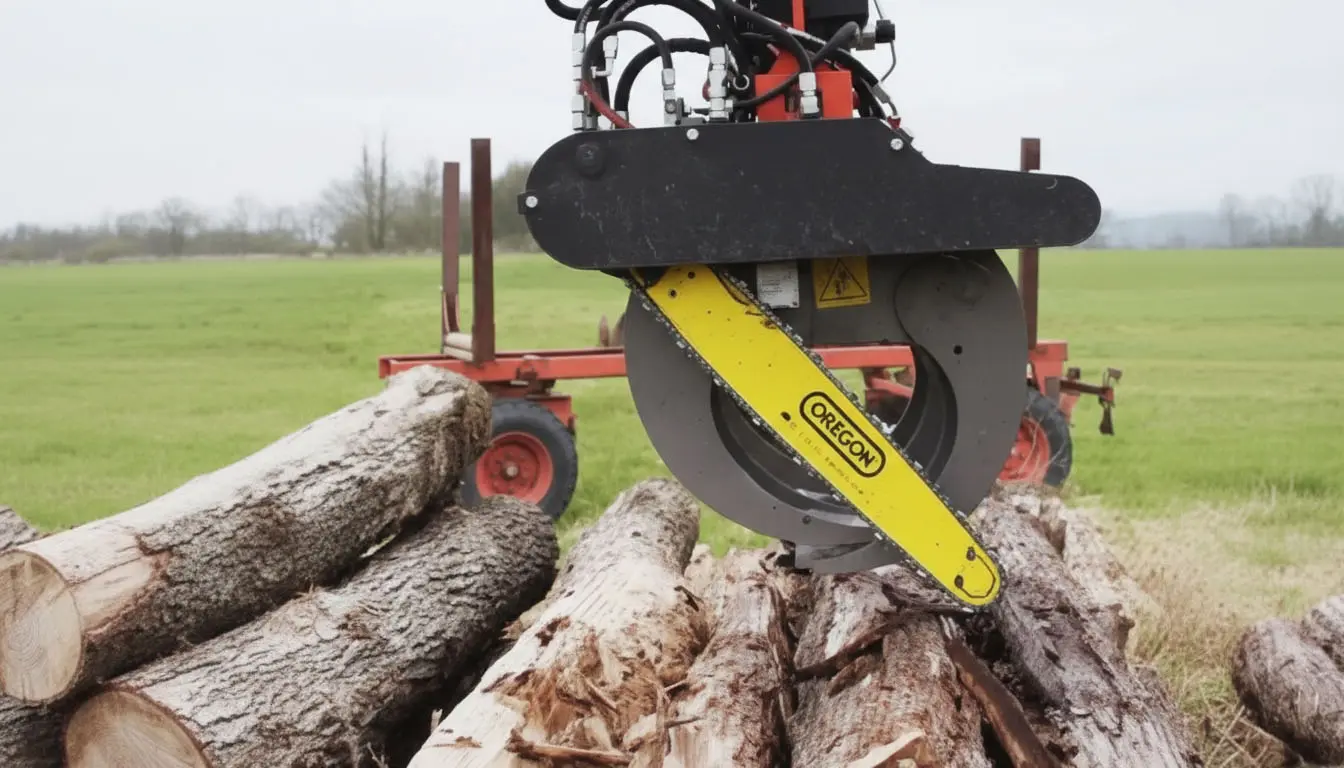 HMG Waldrausch hydraulische Kettensäge montiert an einem Holzgreifer